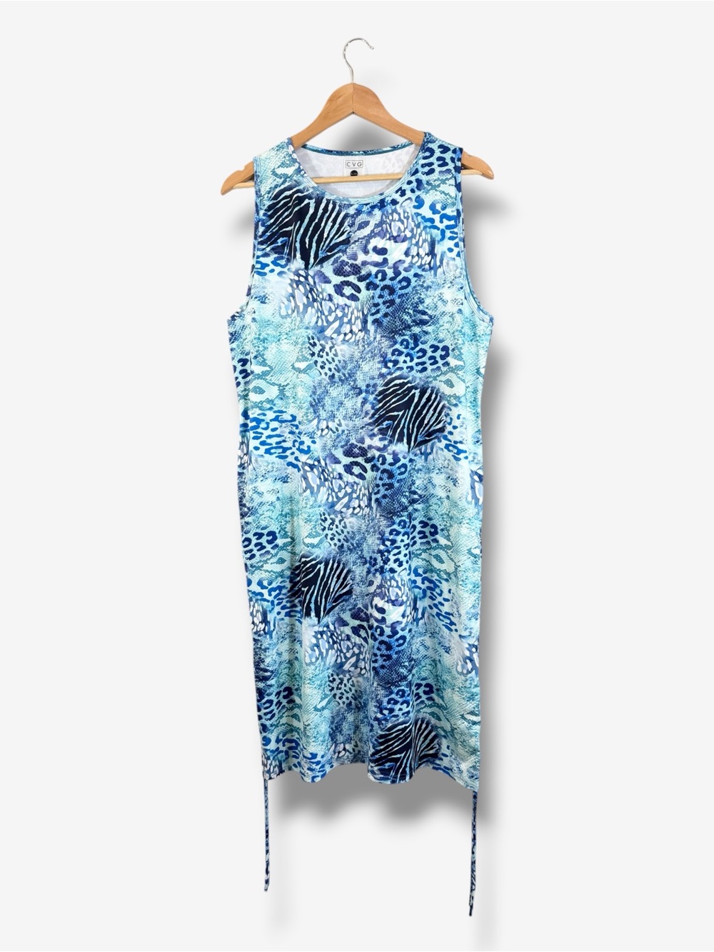 CVG Blue Leopard Zebra Print Tank Midi Dress Adjustable Side Ruched XL/XXL